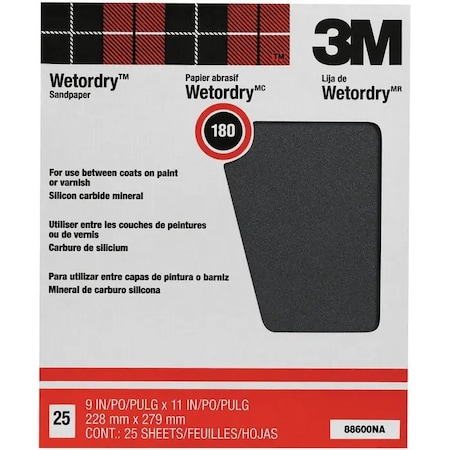 3M 9" x 11" Wetordry Sanding Sheet Pro-Pak, 180-Grit, PK 25 88600